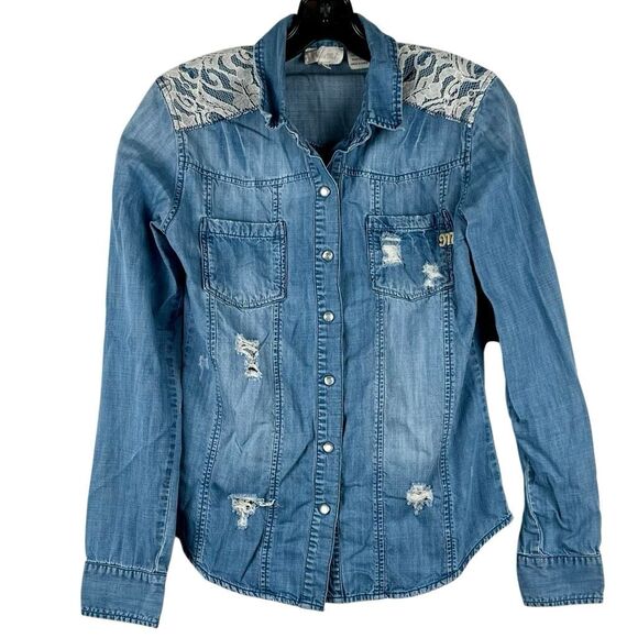 Miss Me Distressed Denim Western Snap Button Down Shirt Small - Picture 1 of 13